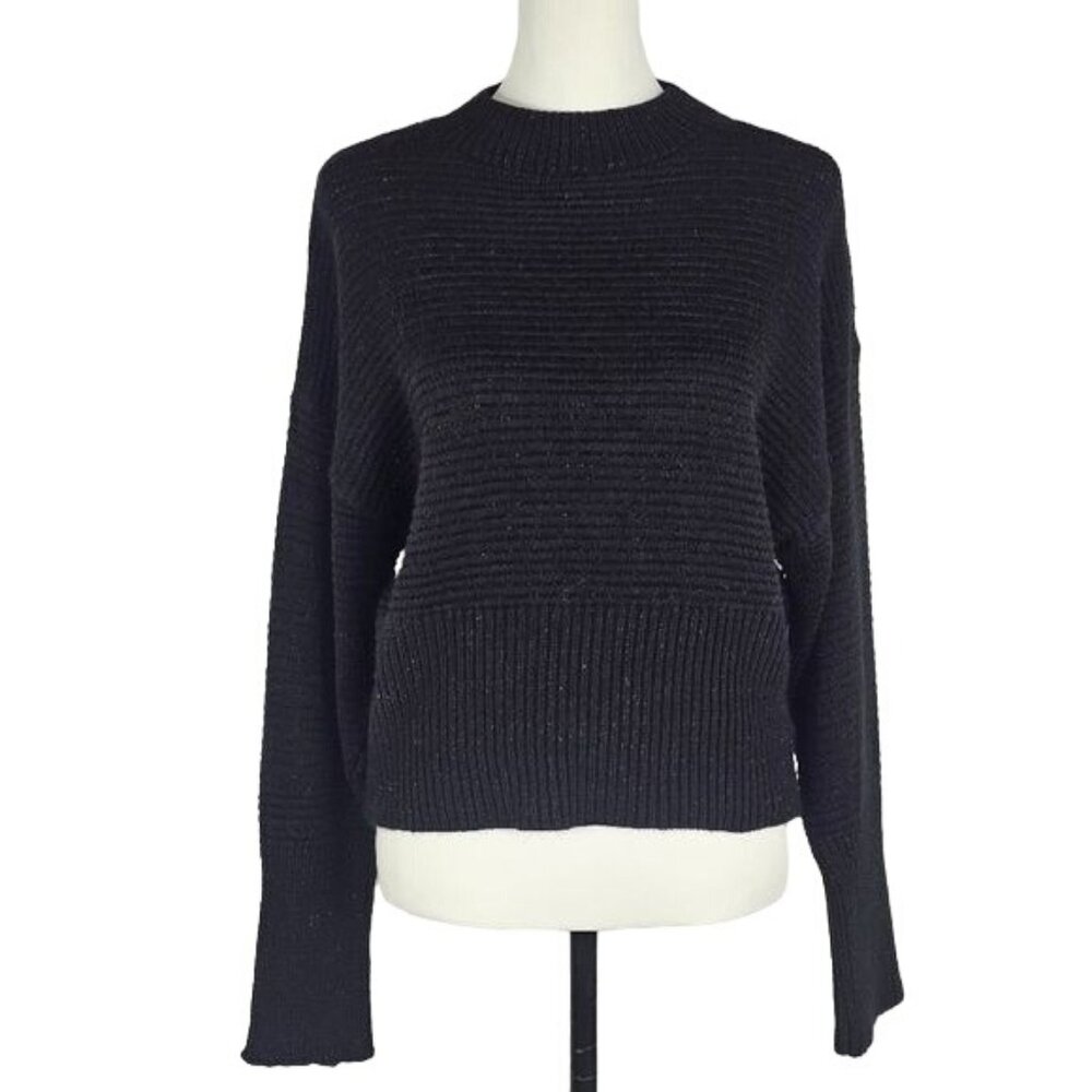Y2K Express Cropped Sparkly Sweater‎ Sz M Mock Neck Black Silver Chunky Relaxed